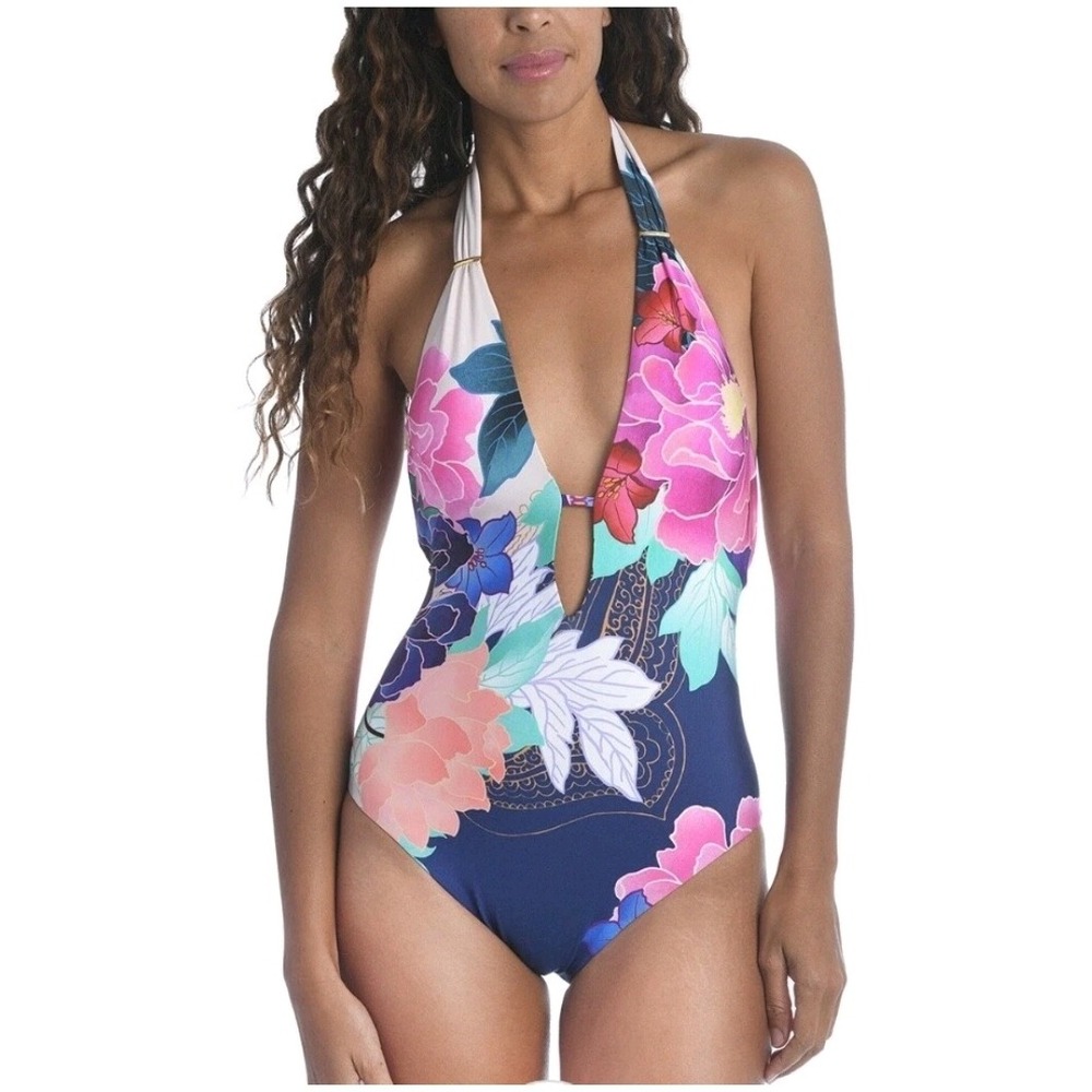 Trina Turk Size 2 Small Opulent Oasis Floral Paisley Plunge Halter Swimsuit